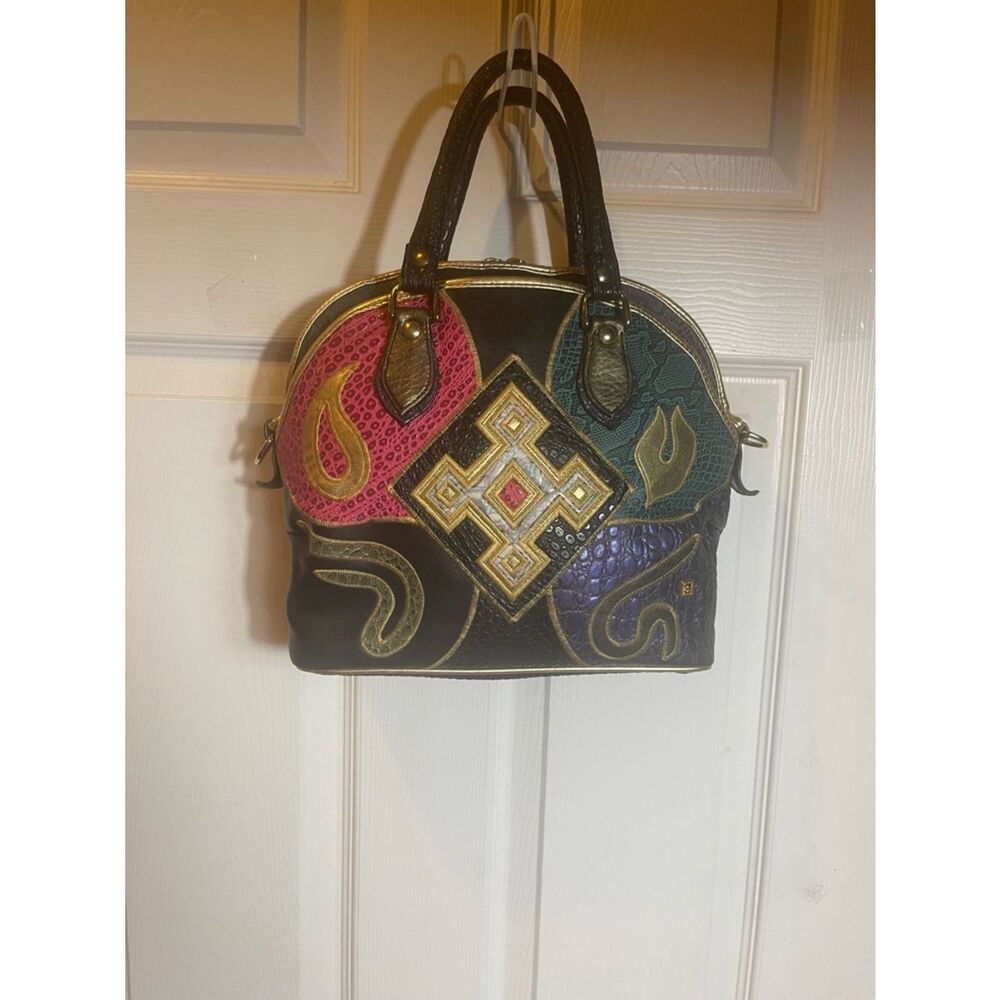 Vintage NAS Bag Black Multicolor  patchwork Embroidered Accent Dome Satchel bag.